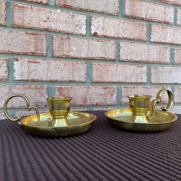 Vintage Solid Brass Chamberstick Candleholders Set